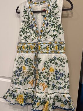 Farm Rio White Floral Embroidered Print Mini Dress Cotton